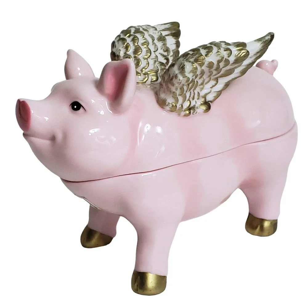 Department Dept 56 When Pigs Fly Flying Pink Pig Ceramic Trinket Box Vintage